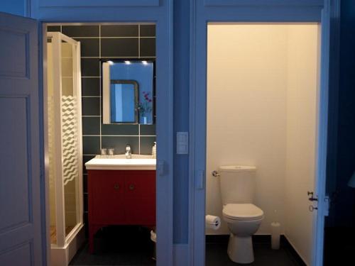 un bagno con un water, un lavandino e uno specchio di Le Relais du Passe-Heures a Cenans