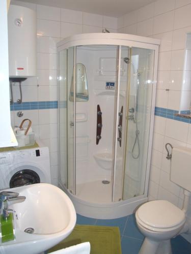 a bathroom with a shower and a toilet and a sink at Apartman Helen in Malinska