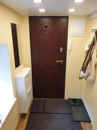 Łazienka z brązowymi drzwiami i czarnym dywanem w obiekcie Low Ceiling Apartment w Rydze