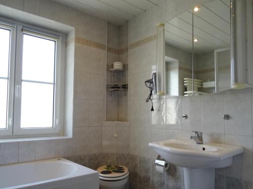 a bathroom with a sink and a toilet and a mirror at Ferienhaus Wohnen unter Freunden in Arnstadt