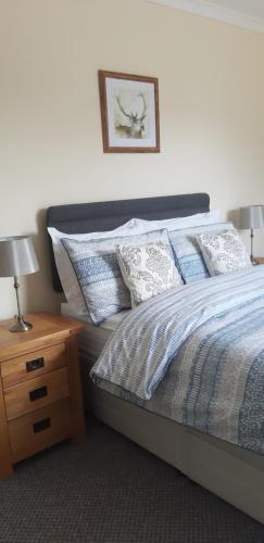 a bedroom with a bed with a nightstand and a picture at Ritchie selfcatering in Callander