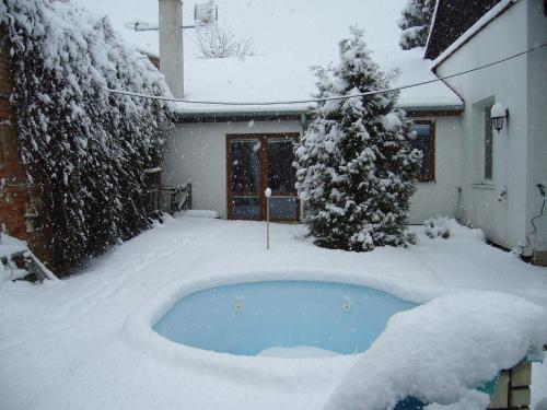 a yard covered in snow with a hot tub at Apartmán Modré z nebe in Němčičky