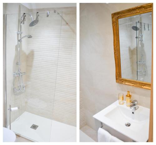 two pictures of a bathroom with a shower and a sink at Belém River Apartment R/C in Lisbon