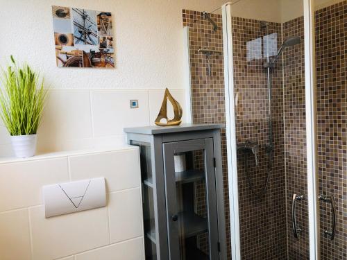 a bathroom with a shower with a glass door at Haus Buhneneck in Prerow