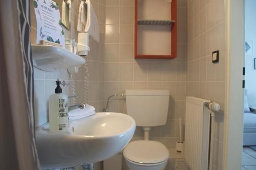 a small bathroom with a sink and a toilet at Lieblingsplatz Strandhotel in Sankt Peter-Ording