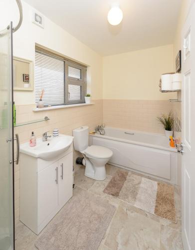 a bathroom with a toilet and a tub and a sink at Garra Cottage in Drogheda