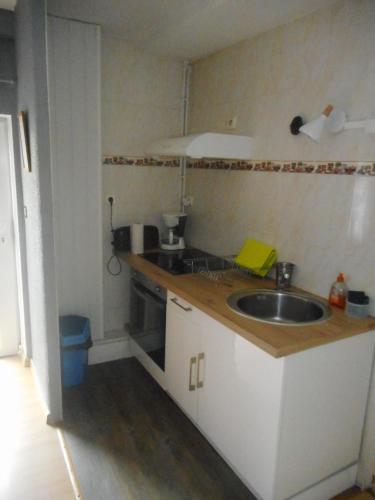 a kitchen with a sink and a counter top at Le Chalet Basque in Capvern