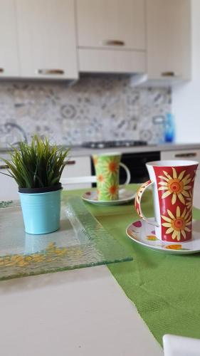 two coffee cups and a potted plant on a kitchen counter at Amocasa in Ragusa