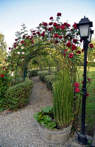 a flower garden with roses and a street light at Agriturismo Argaland in Parma