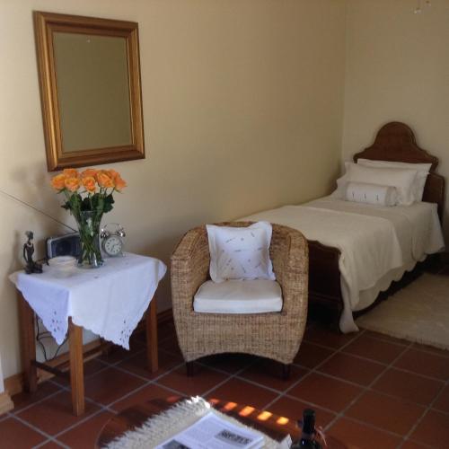 a bedroom with a bed and a chair and a mirror at LAVENDERS COTTAGE in Prince Albert
