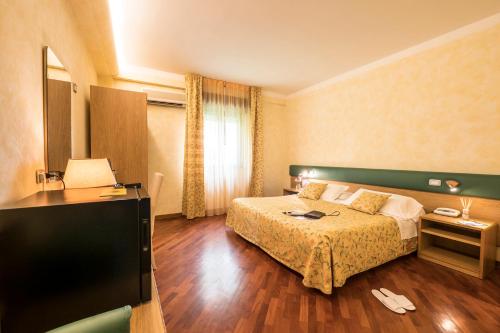 a hotel room with a bed and a television at Hotel Vega Perugia in Perugia