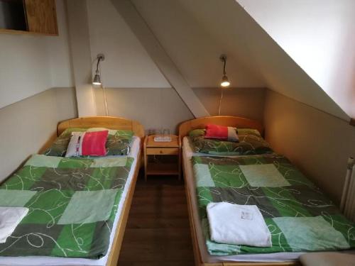 2 Betten in einem kleinen Zimmer mit Dachgeschoss in der Unterkunft Hotel Kormoran in Zlenice 