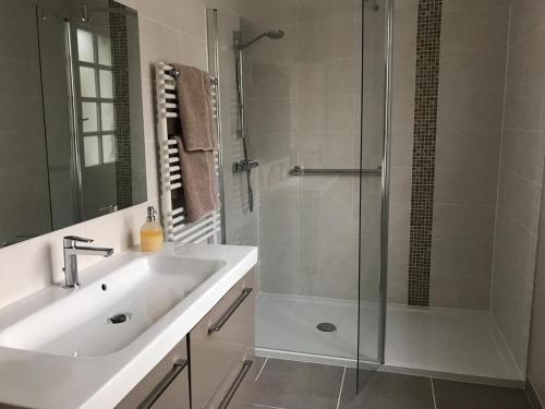 uma casa de banho branca com um lavatório e um chuveiro em La Tour de Saint Cyr em Saint-Cyr-sur-Loire