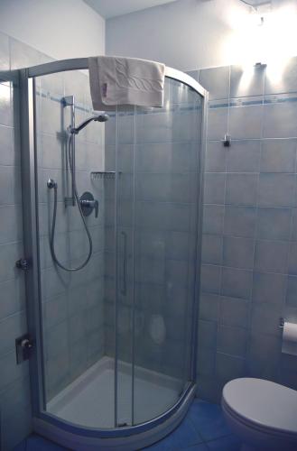 a bathroom with a shower with a glass door at Agriturismo Argaland in Parma