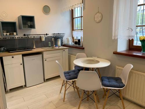 kuchnia ze stołem, krzesłami i stołem w obiekcie Apartamenty w Ustroniu w Ustroniu