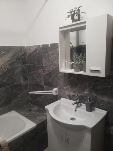 a bathroom with a sink and a mirror and a tub at Apartmani Marin in Vukovar