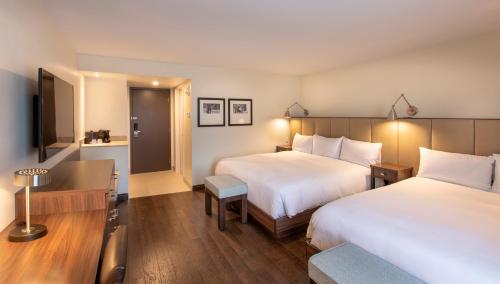 a hotel room with two beds and a television at le Georgesville in Saint-Georges