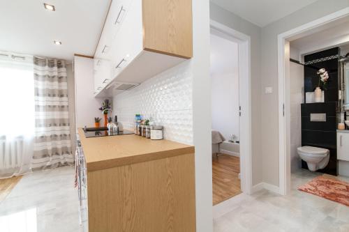 cocina y baño con lavabo y aseo en Apartament Exclusive Centrum, en Białystok