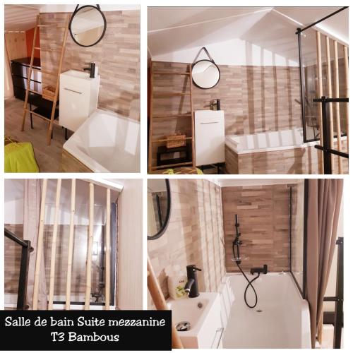 un collage de quatre photos d'une salle de bains dans l'établissement Les Ecrins de la Badine - hameaux, à Hyères