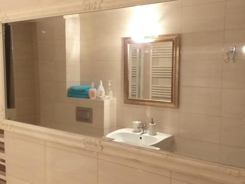 a bathroom with a sink and a mirror at Apartment River in Bacău