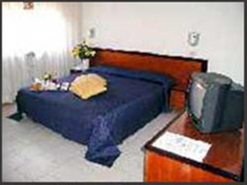 a bedroom with a bed and a desk with a tv at Hotel Moderno in Rimini
