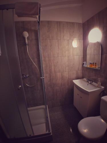 un bagno con doccia, WC e lavandino di Hotel Komfort Inn - Dwór Hubertus a Piekary Śląskie