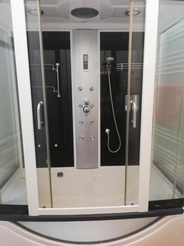 La salle de bains est pourvue d'une douche et d'un miroir. dans l'établissement L'Escale Bellevue, à Blaye