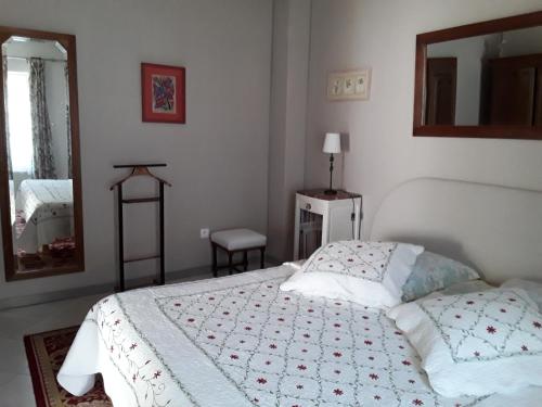 a bedroom with a white bed and a mirror at La Belvinière Chambres et table d'hôtes in Tour-en-Sologne