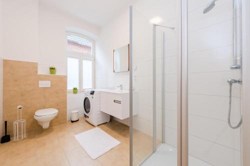 a bathroom with a toilet and a glass shower at Leer Innenstadt 1 in Leer