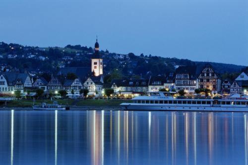 a large boat on the water in front of a town at Hotel Niederée in Bad Breisig