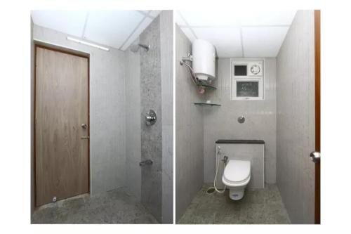 two pictures of a bathroom with a toilet and a door at THE POSH RESIDENCY, ECR in Chennai