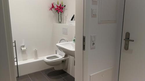 a white bathroom with a toilet and a sink at Myroom Business Apartment Nähe Messe München in Munich