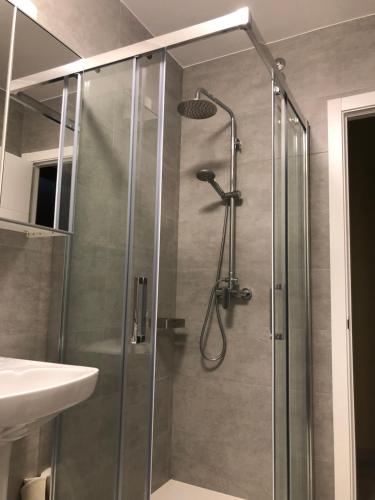 a shower with a glass door in a bathroom at Pension Antonio in Louro