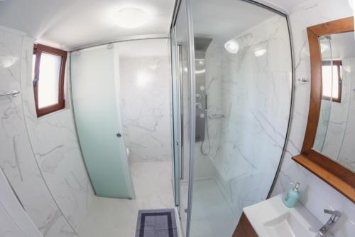 a bathroom with a shower with a sink and a mirror at Villa Irina in Míloi