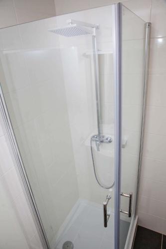 a shower with a glass door in a bathroom at Ferienhaus Butterfly in Garmisch-Partenkirchen
