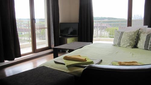 ソゾポルにあるNeli Sea Villaのベッドルーム1室(ベッド1台、テレビ、窓付)