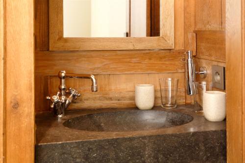 a bathroom sink with a mirror above it and a sink at De Grote Wateringe in Damme