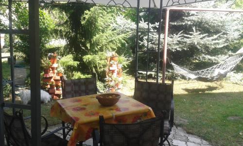 a patio with a table and chairs and a hammock at Sobe Dijana in Subotica