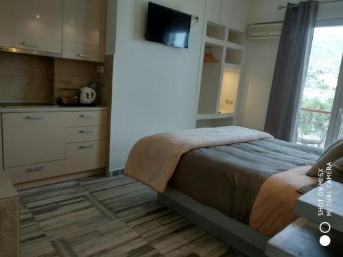 a bedroom with a bed and a tv on the wall at Waterside Apartments in Ayia Evfimia