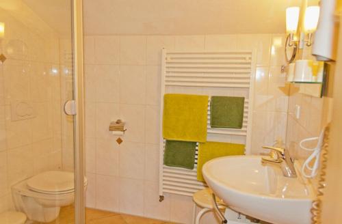 y baño con lavabo, aseo y ducha. en Reischhof, en Missen-Wilhams