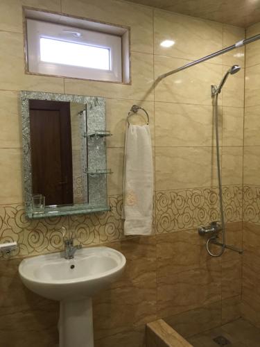 uma casa de banho com um lavatório e um chuveiro com um espelho. em Ave Zara em Vaghatin