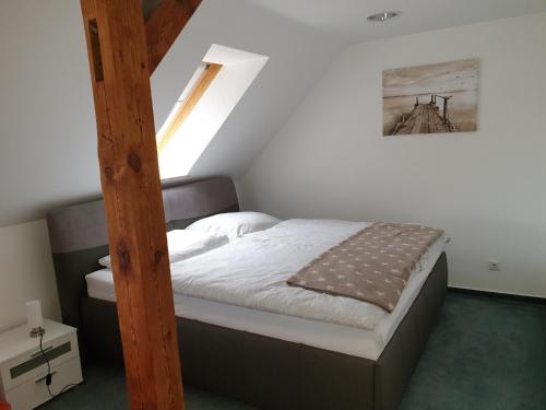 sypialnia z łóżkiem piętrowym i drabiną w obiekcie Ferienwohnung am Hohen Elbufer w mieście Coswig