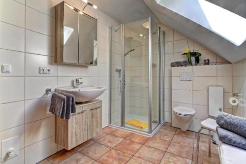a bathroom with a shower and a sink and a toilet at Ferienhof Stetter in Schöllnach