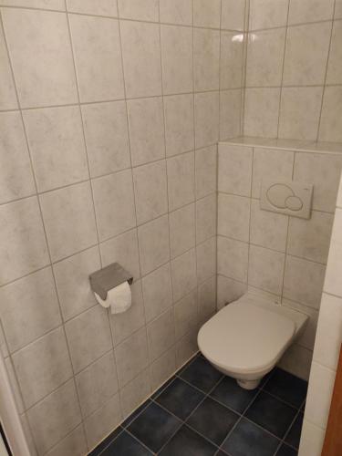 a bathroom with a toilet and a toilet paper dispenser at Pension Eder - Joker card included in summer in Saalbach Hinterglemm