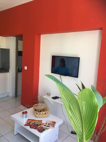 Televisyen dan/atau pusat hiburan di COSY TAMARINS 1 à quelques pas du lagon