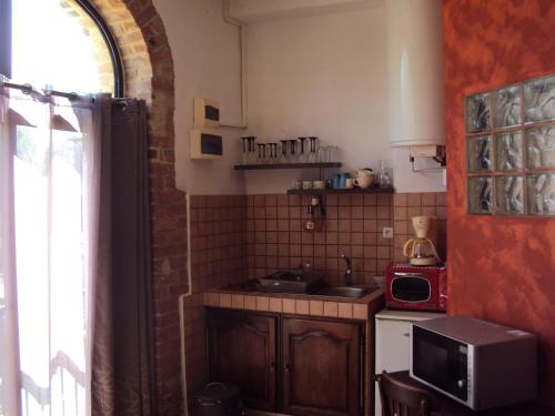 a small kitchen with a sink and a microwave at Mas d'Asvin & Spa in Saint-Christol-lès-Alès