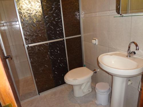 a bathroom with a shower and a toilet and a sink at Pousada Recanto da Vitória in Gonçalves