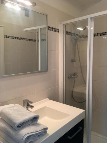 une salle de bain blanche avec un lavabo et une douche dans l'établissement Pieds dans l'eau au lac du Bourget, au Bourget-du-Lac