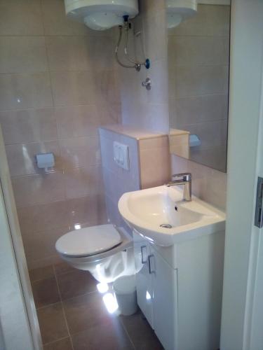 a bathroom with a white toilet and a sink at Marinja Studio in Žuljana