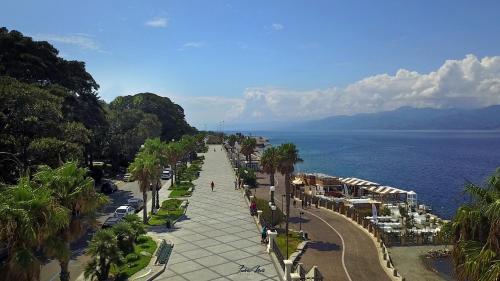 a view of a street with palm trees and the ocean at White Rooms in Reggio Calabria